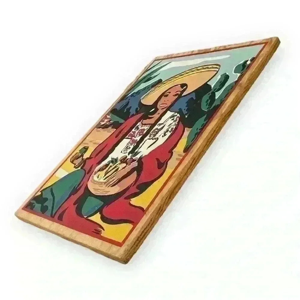 RARE Vintage Mexican woman screen print on wood plaque 5” x 7” - Picture 2 of 4